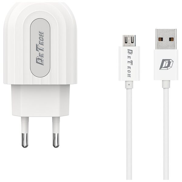 Φορτιστής δικτύου, DeTech, DE-28M, 5V/2.1A, 220V, Universal, 1 x USB, καλώδιο Micro USB, 1.0m, λευκό - 14133