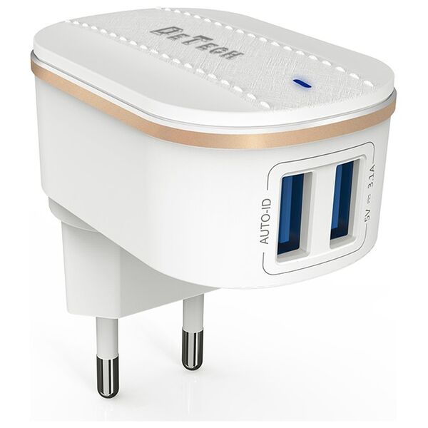 Φορτιστής δικτύου, DeTech, DE-15i, 5V/3.1A, 220V, Universal, 2 x USB, καλώδιο Lightning, 1.0m, λευκό - 40097