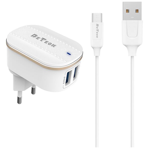 Φορτιστής δικτύου, DeTech, DE-15M, 5V/3.1A, 220V, Universal, 2 x USB, καλώδιο Micro USB, 1.0m, λευκό - 40096