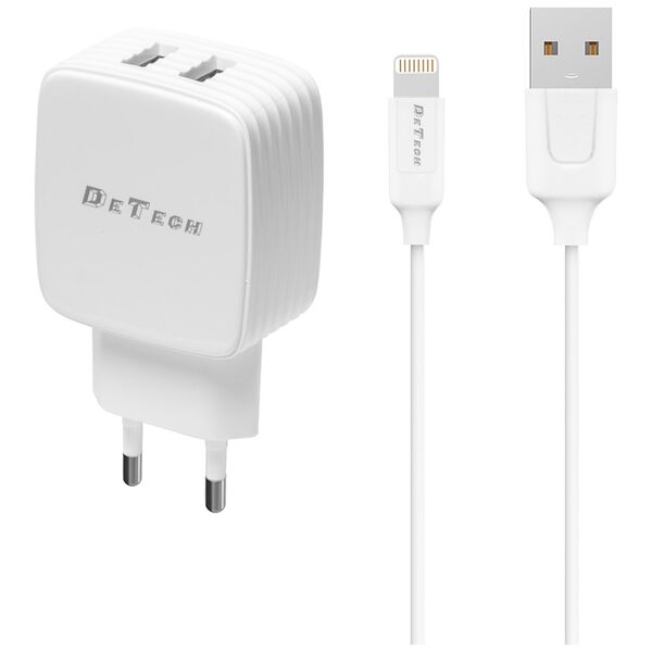 Φορτιστής δικτύου, DeTech, DE-33i, 5V/2.4A, 220V, Universal, 2 x USB, καλώδιο Lightning, 1.0m, λευκό - 40101