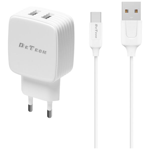 Φορτιστής δικτύου, DeTech, DE-33C, 5V/2.4A, 220V, Universal, 2 x USB, καλώδιο Type-C, 1.0m, λευκό - 40102