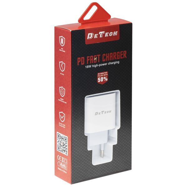 Φορτιστής δικτύου DeTech DE-30PD, 5V/3.0A 220V, 1 x Type-C F, PD, Καλώδιο Type-C, λευκό - 40115