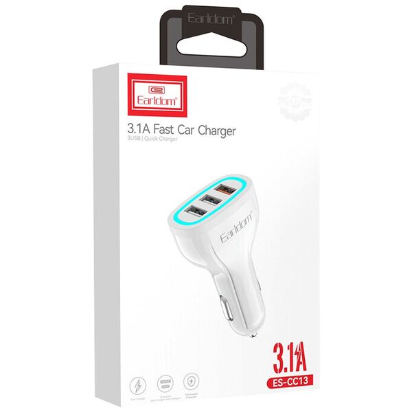 Φορτιστή αυτοκινήτου Earldom ES-CC13, 3xUSB, QC3.0, με καλώδιο Type-C, Λευκο - 40254