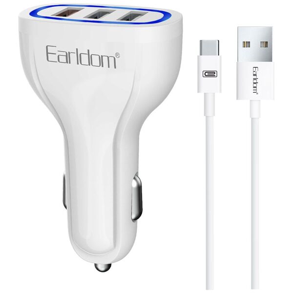 Φορτιστή αυτοκινήτου Earldom ES-CC13, 3xUSB, QC3.0, με καλώδιο Type-C, Λευκο - 40254