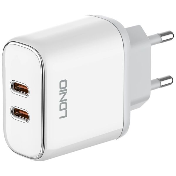 Φορτιστής δικτύου LDNIO A2528C, 35W, 2 x Type-C F, PD, Καλώδιο Type-C to Lightning, λευκό - 40283