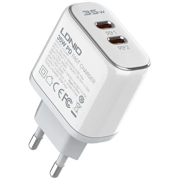Φορτιστής δικτύου LDNIO A2528M, MFi, 35W, 2 x Type-C F, PD, Καλώδιο Type-C to Lightning, λευκό - 40280