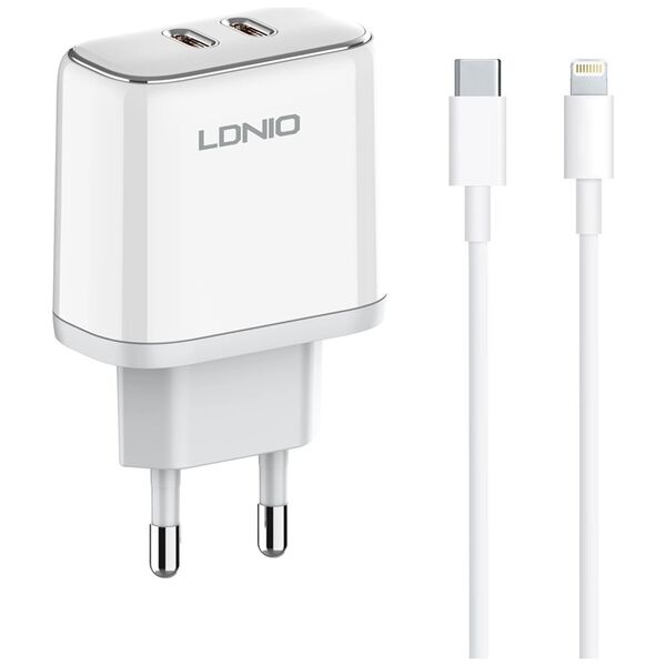 Φορτιστής δικτύου LDNIO A2528M, MFi, 35W, 2 x Type-C F, PD, Καλώδιο Type-C to Lightning, λευκό - 40280