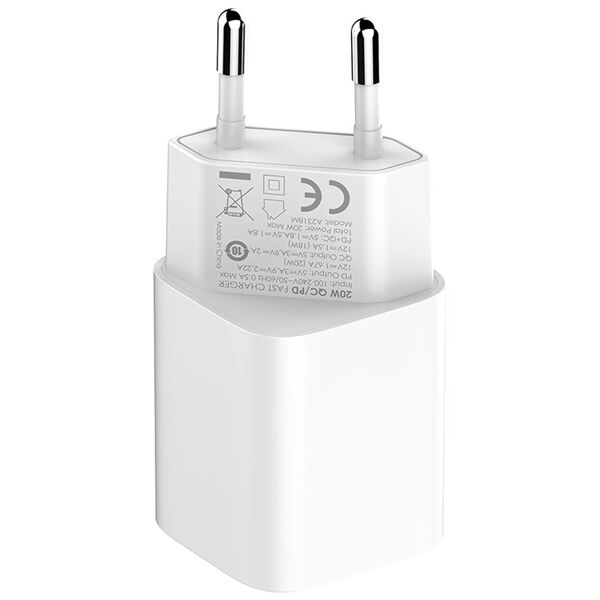 Φορτιστής δικτύου LDNIO A2318C, 20W, 1 x Type-C F, 1 x USB F, PD, QC, Καλώδιο Type-C, λευκό - 40291