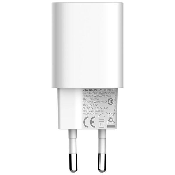 Φορτιστής δικτύου LDNIO A2318C, 20W, 1 x Type-C F, 1 x USB F, PD, QC, Καλώδιο Type-C, λευκό - 40291