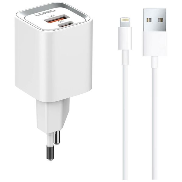 Φορτιστής δικτύου LDNIO A2318C, 20W, 1 x Type-C F, 1 x USB F, PD, QC, Καλώδιο Lightning, λευκό - 40290