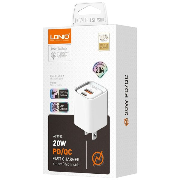 Φορτιστής δικτύου LDNIO A2318C, 20W, 1 x Type-C F, 1 x USB F, PD, QC, Καλώδιο Type-C, λευκό - 40291