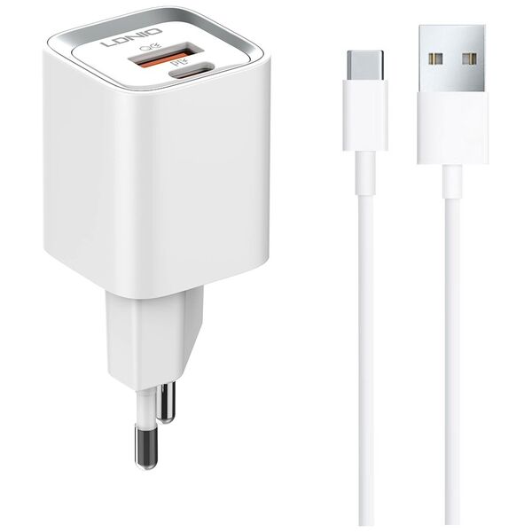 Φορτιστής δικτύου LDNIO A2318C, 20W, 1 x Type-C F, 1 x USB F, PD, QC, Καλώδιο Type-C, λευκό - 40291