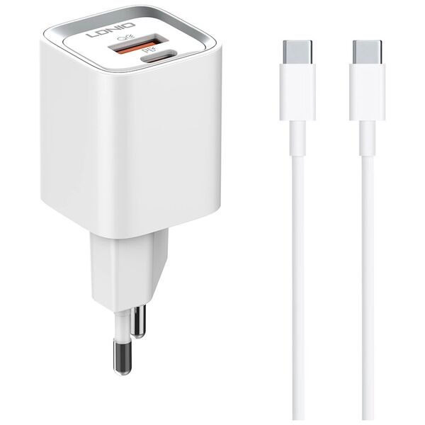 Φορτιστής δικτύου LDNIO A2318C, 20W, 1 x Type-C F, 1 x USB F, PD, QC, Καλώδιο PD Type-C, λευκό - 40292