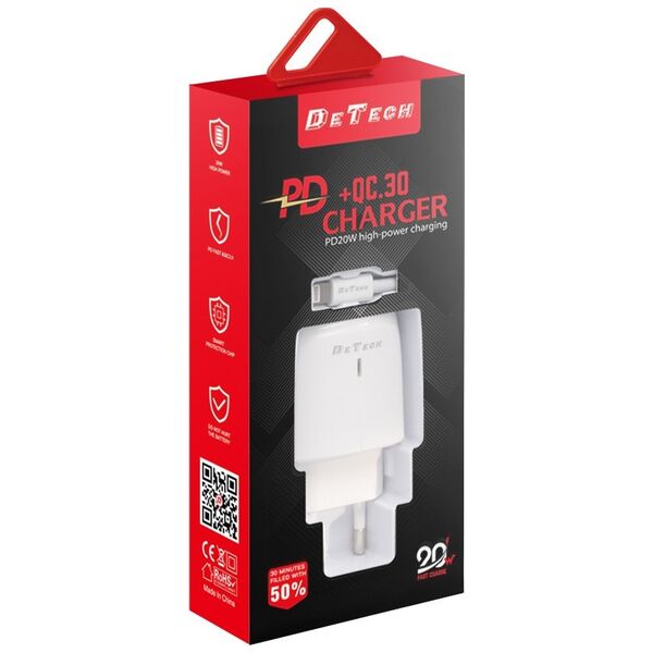 Φορτιστής δικτύου DeTech DE-31PDL, 20W,  καλώδιο Type-C to Lightning, 1 x Type-C F, 1 x USB F, PD, λευκό - 40323