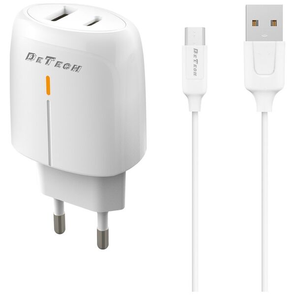 Φορτιστής δικτύου DeTech DE-31M, 20W, καλώδιο Micro USB, 1 x Type-C F, 1 x USB F, PD, λευκό - 40319