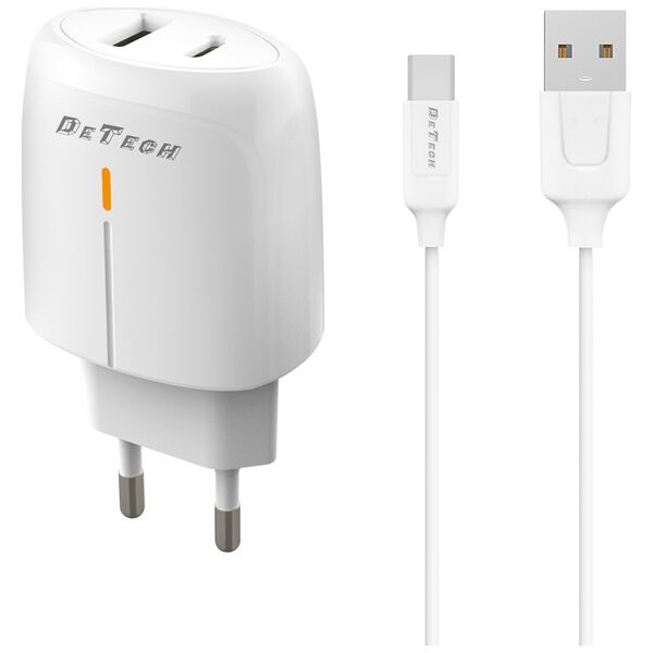 Φορτιστής δικτύου DeTech DE-31C, 20W, καλώδιο Type-C, 1 x Type-C F, 1 x USB F, PD, λευκό - 40321