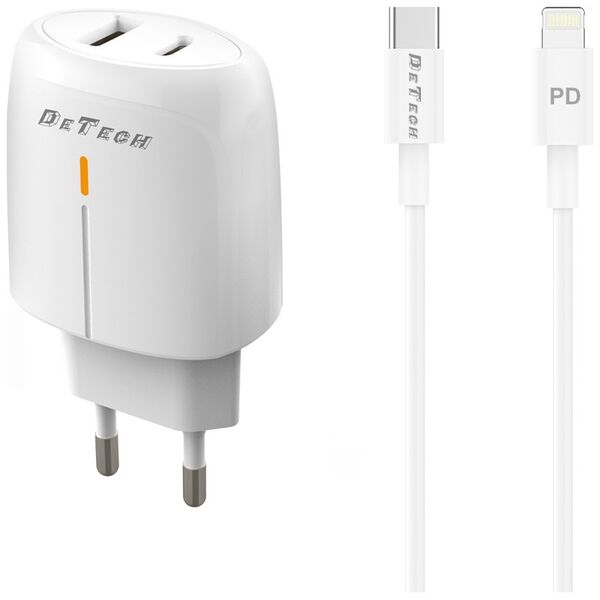 Φορτιστής δικτύου DeTech DE-31PDL, 20W,  καλώδιο Type-C to Lightning, 1 x Type-C F, 1 x USB F, PD, λευκό - 40323