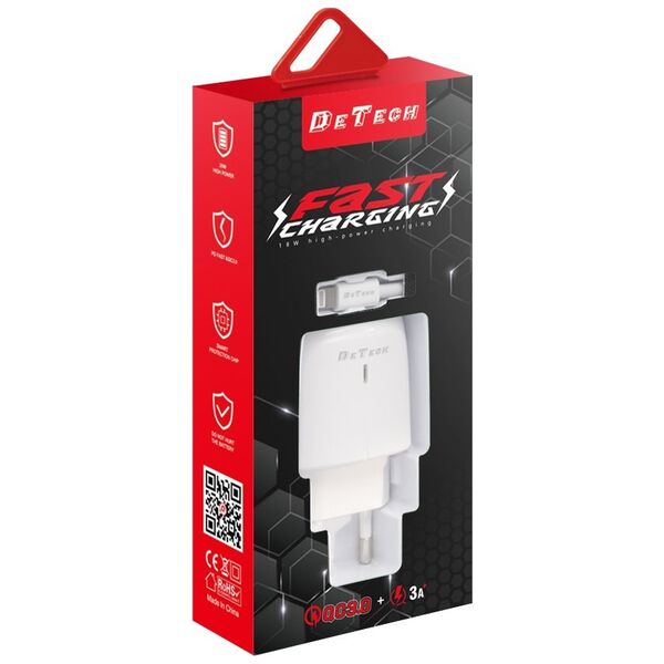 Φορτιστής δικτύου DeTech DE-32QCC, 18W, καλώδιο Type-C, 2 x USB F, QC, λευκό - 40327