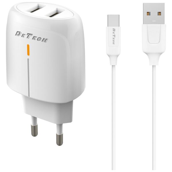 Φορτιστής δικτύου DeTech DE-32QCC, 18W, καλώδιο Type-C, 2 x USB F, QC, λευκό - 40327