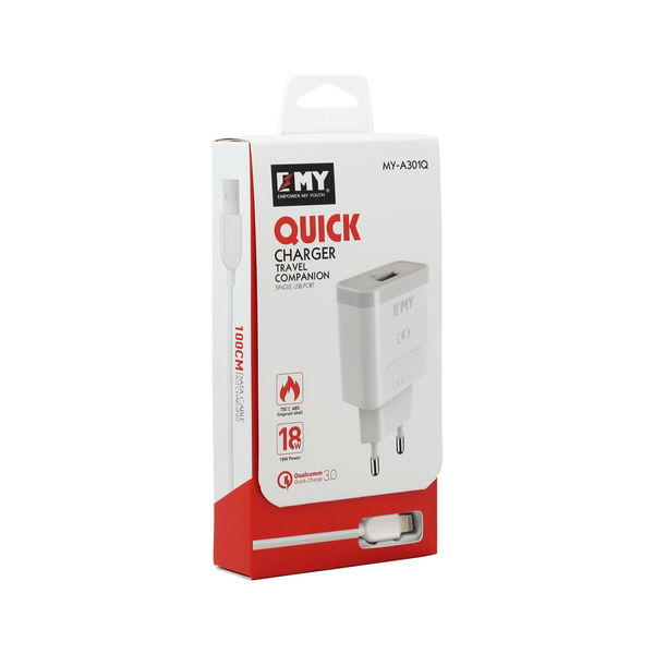 Φορτιστής δικτύου EMY MY-A301Q, Quick Charge 3.0, Lightning Cable, λευκό - 14960