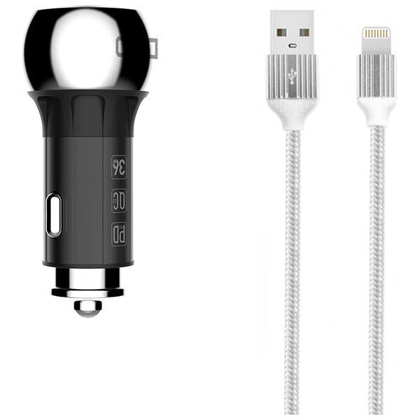 Φορτιστή αυτοκινήτου LDNIO C1, 1xUSB QC3.0, 1xType-C PD, με καλώδιο Lightning, Γκρί - 40077