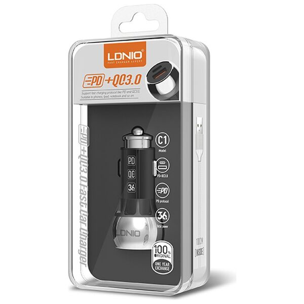 Φορτιστή αυτοκινήτου LDNIO C1, 1xUSB QC3.0, 1xType-C PD, με καλώδιο Lightning, Γκρί - 40077