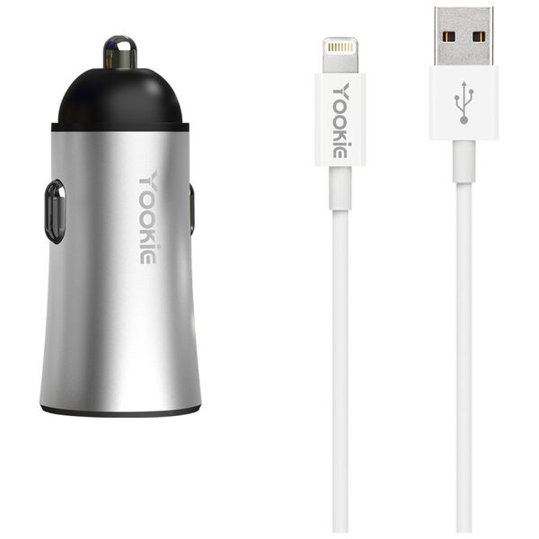 Φορτιστής αυτοκινήτου Yookie PC1, 5V/2.4A, 12/24V, Με Lightning καλώδιο, 2 x USB, Διαφορετικα χρωματα - 40135