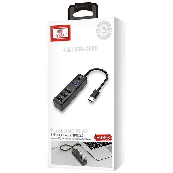 USB hub Earldom HUB08, Type-C, 4 θύρες, Μαυρο - 40171