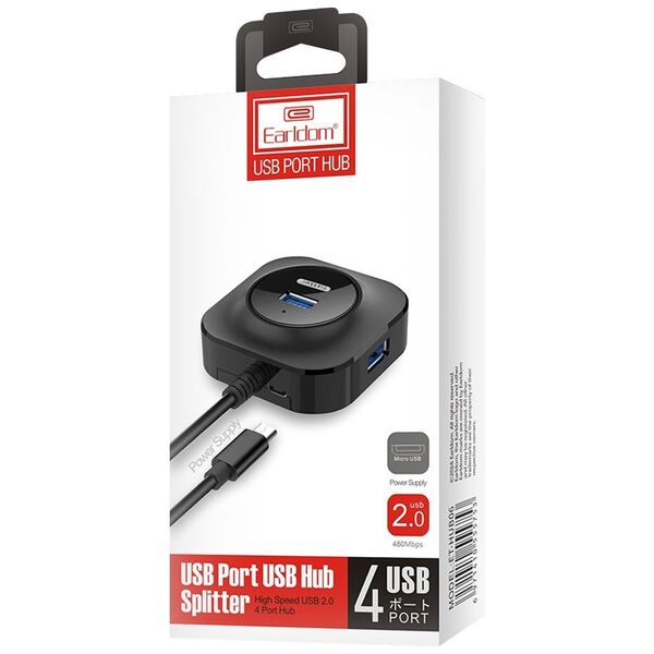 USB hub Earldom HUB06, USB 2.0, 4 θύρες, Μαυρο - 40173