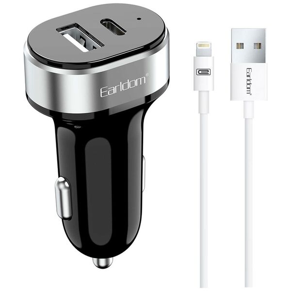 Φορτιστή αυτοκινήτου Earldom ES-CC14, 1xUSB, 1xType-C, με καλώδιο Lightning, Μαυρο - 40242