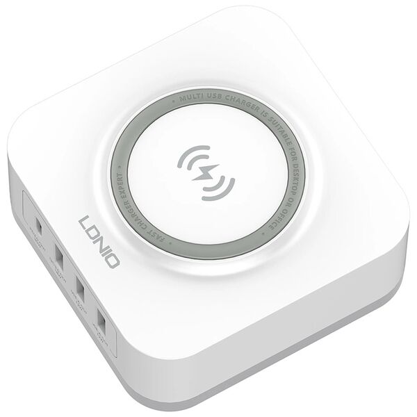 Ασύρματο φορτιστή LDNIO, 32W, Qi, 1 x Type-C F, 3 x USB F, PD, QC, PPS, Λευκο - 40294