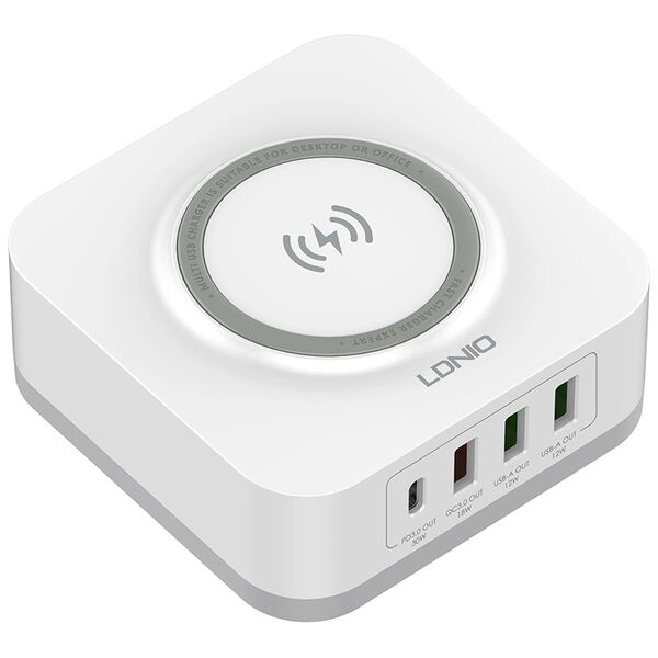 Ασύρματο φορτιστή LDNIO, 32W, Qi, 1 x Type-C F, 3 x USB F, PD, QC, PPS, Λευκο - 40294