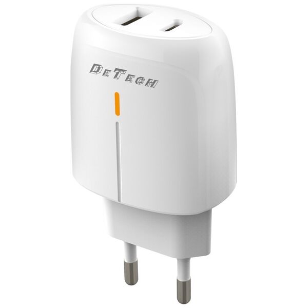 Φορτιστής δικτύου DeTech DE-31, 20W, 1 x Type-C F, 1 x USB F, PD, λευκό - 40318