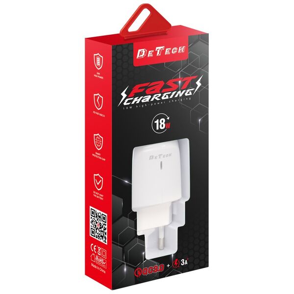 Φορτιστής δικτύου DeTech DE-32, 18W, 2 x USB F, QC, λευκό - 40324