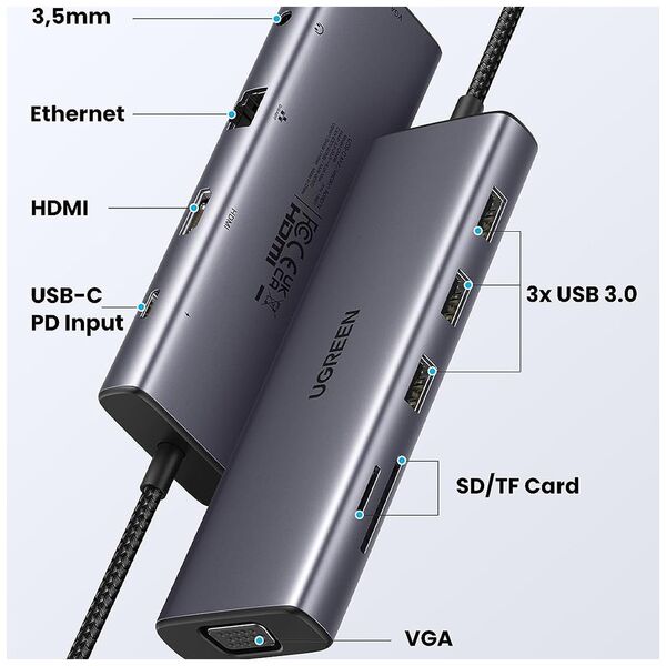 Ugreen Hub USB-C la Type-C, 3x USB, HDMI, RJ45, Jack 3.5mm, VGA, TF, SD Card - Ugreen (15601) - Gray 6941876216017 έως 12 άτοκες Δόσεις