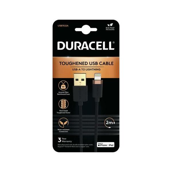 Καλώδιο Σύνδεσης USB 2.0 Duracell Braided Kevlar USB A to MFI Lightning 2m Μαύρο 5056304399970 5056304399970 έως και 12 άτοκες δόσεις