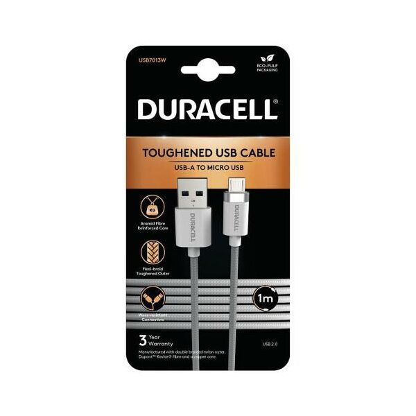 Καλώδιο Σύνδεσης USB 2.0 Duracell Braided Kevlar USB A σε Micro USB 1m Λευκό 5056304310302 5056304310302 έως και 12 άτοκες δόσεις