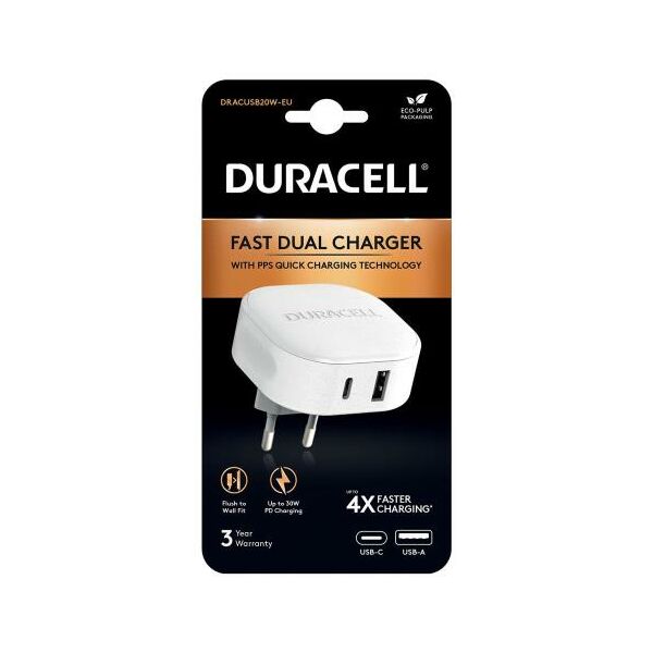 Φορτιστής Ταξιδίου Ταχείας Φόρτισης Duracell PD 30W με Έξοδο USB A & Έξοδο USB C Λευκό 5056304311514 5056304311514 έως και 12 άτοκες δόσεις