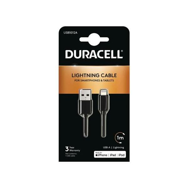 Καλώδιο Σύνδεσης USB 2.0 Duracell USB A σε MFI Lightning 1m Μαύρο 5055190136737 5055190136737 έως και 12 άτοκες δόσεις
