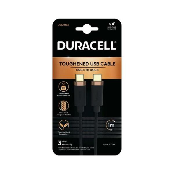 Καλώδιο Σύνδεσης USB 3.2 Duracell Braided Kevlar USB C σε USB C 1m Μαύρο 5056304310432 5056304310432 έως και 12 άτοκες δόσεις