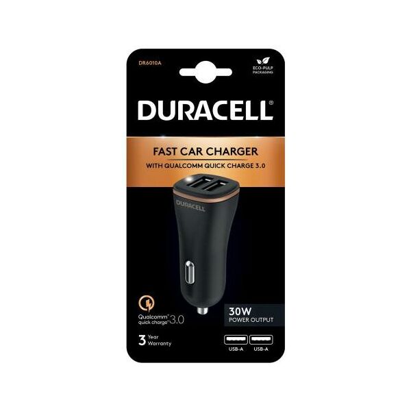 Φορτιστής Αυτοκινήτου Duracell QC3.0 30W με Διπλή Έξοδο USB 4.8A Μαύρο 5056304310685 5056304310685 έως και 12 άτοκες δόσεις