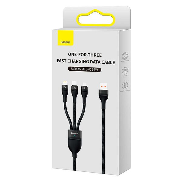 Baseus 3in1 USB cable Baseus Flash II Series, USB-C + micro USB + Lightning, 66W, 1.2m (Black) 037282  CASS040001 έως και 12 άτοκες δόσεις 6932172618100