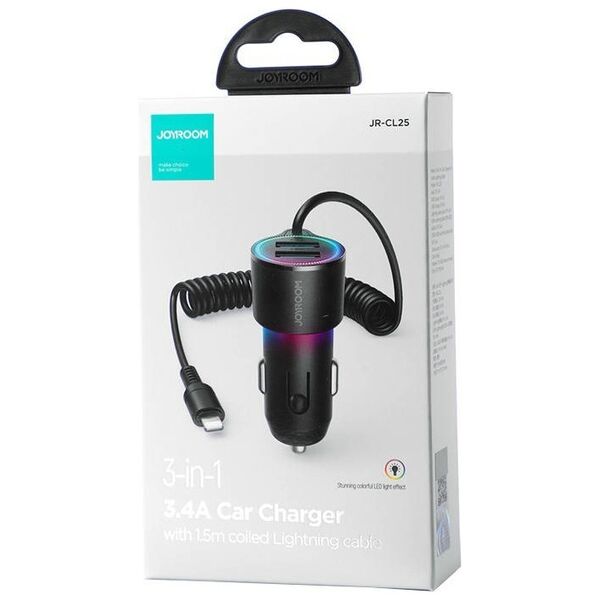 Joyroom Car charger Joyroom JR-CL25, 2x USB + Lightning cable (black) 044733  JR-CL25 έως και 12 άτοκες δόσεις 6956116722647