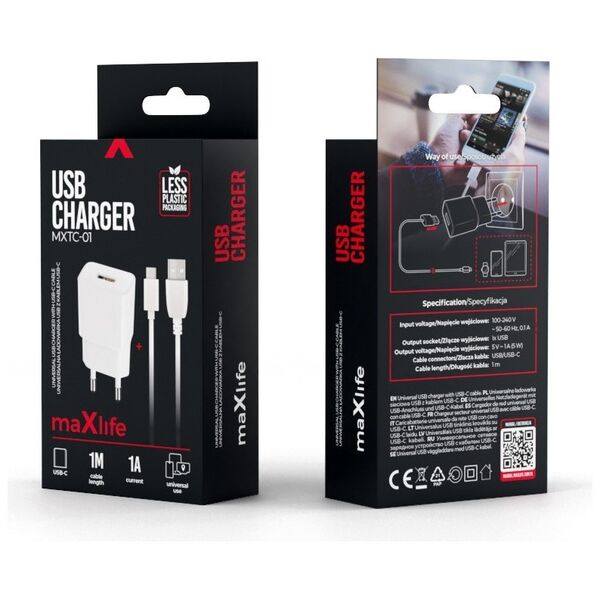 Maxlife MXTC-01 charger 1x USB 1A whIte + USB-C cable