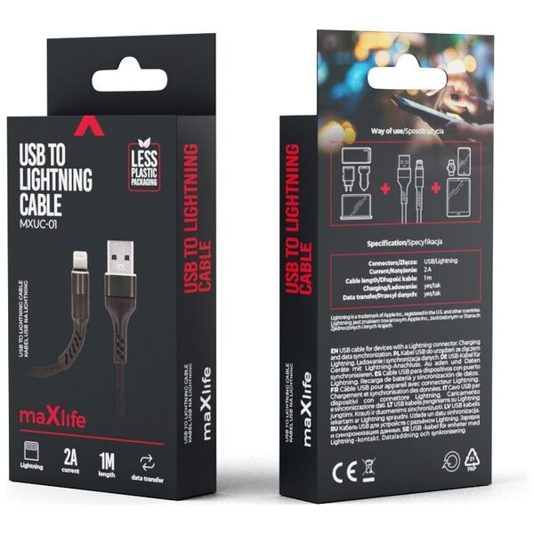 Maxlife MXUC-01 cable USB - Lightning 1,0 m 2A black nylon