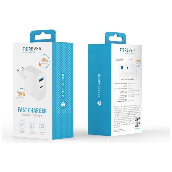 Forever TC-06-20AC PD QC charger 1x USB-C 1x USB 20W white
