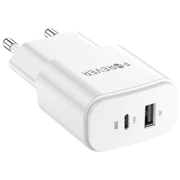 Forever TC-01-20AC PD QC charger 1x USB-C 1x USB 20W white