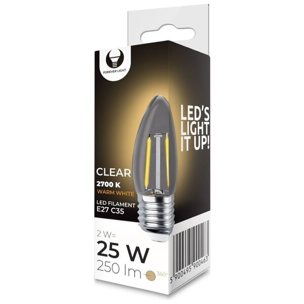 LED Bulb Filament E27 C35 2W 230V 2700K 250lm COG clear Forever Light