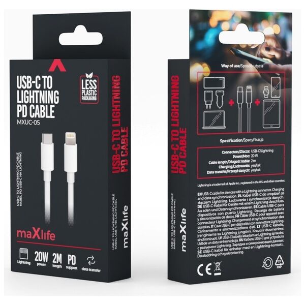 Maxlife MXUC-05 cable USB-C - Lightning 2,0 m 20W white