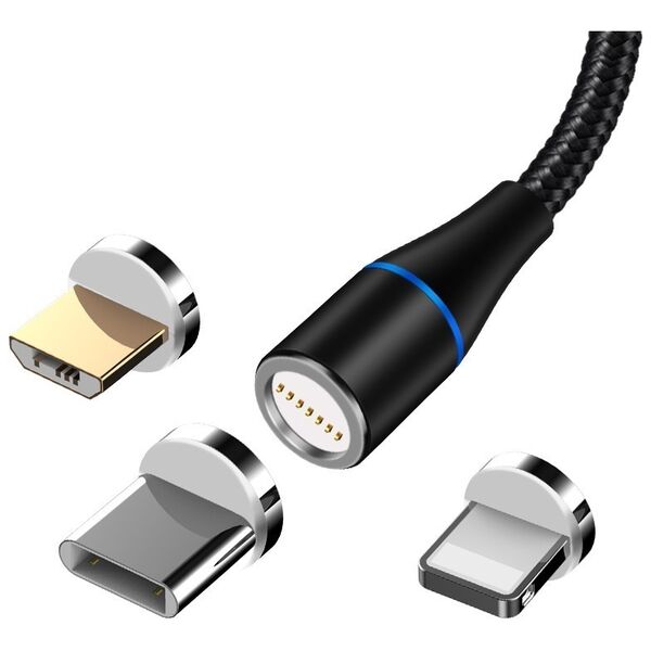 Maxlife MXUC-03 magnetic cable USB - Lightning + USB-C + microUSB 1,0 m 3A black nylon